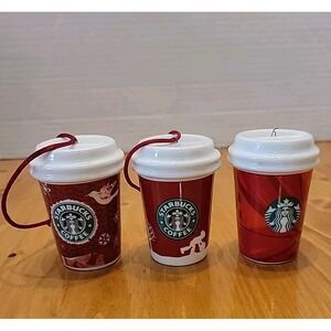 Starbucks Holiday Ceramic Mini Travel Mug Ornaments 2006 2008 2014 Set of 3 Red